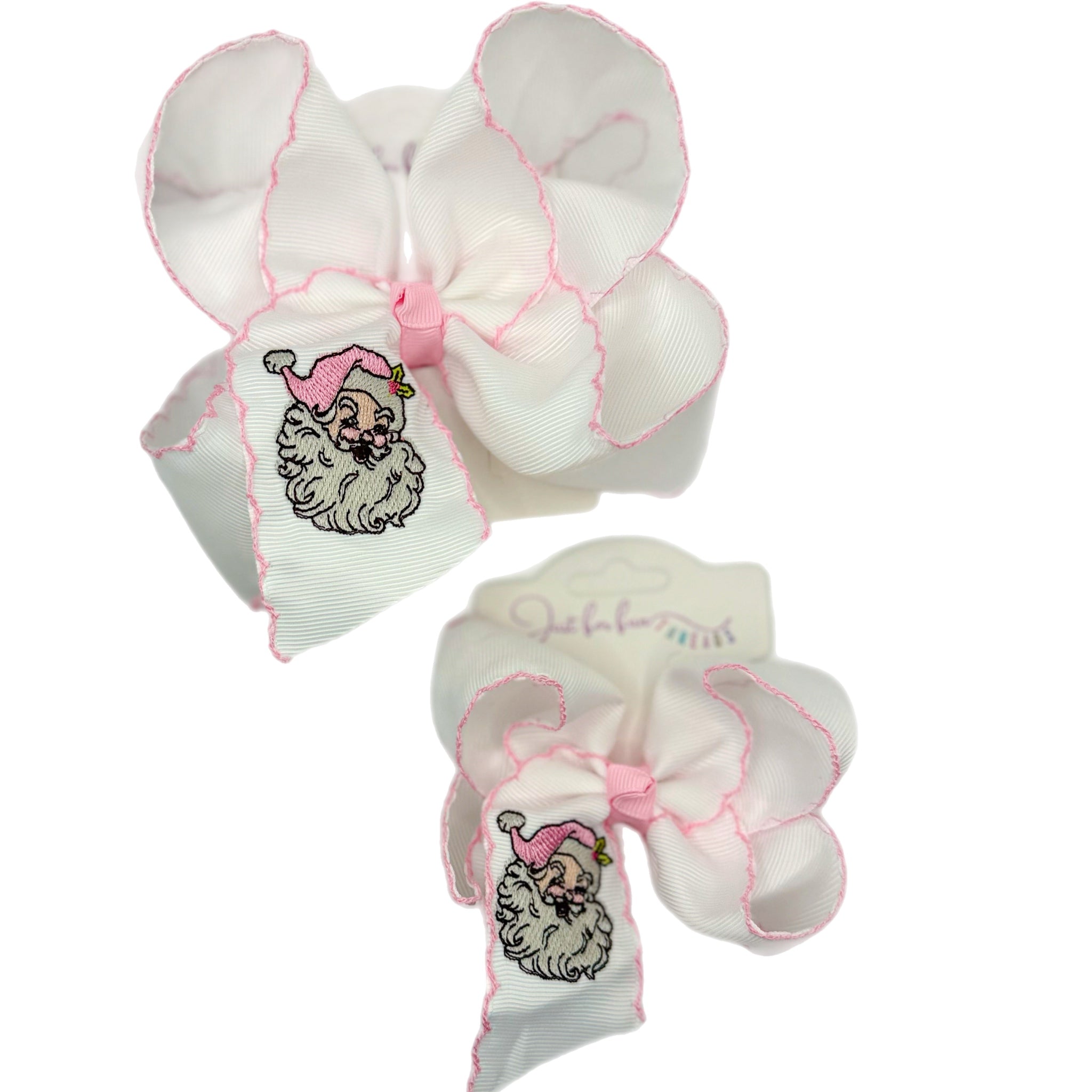 Pink Santa Embroidered Moonstitch Bow