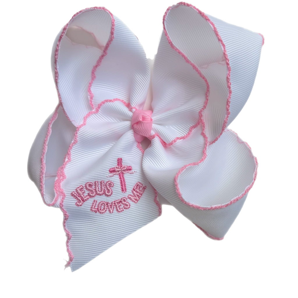 Jesus Loves Me Embroidered Moonstitch Hair Bow