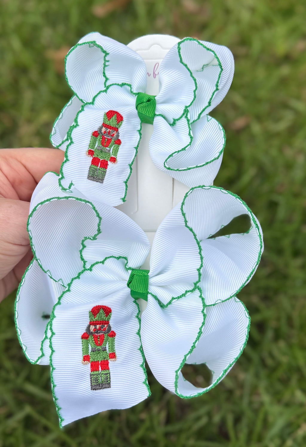 Green Nutcracker Embroidered Moonstitch Hair Bow